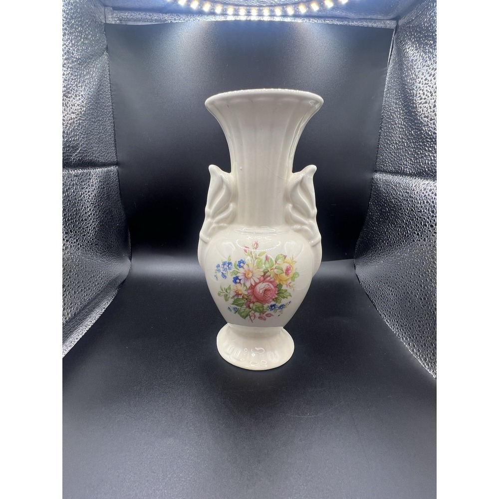 Vintage 8" Ivory Vase 2‎ handle fluted top, floral decal Winona porcelain